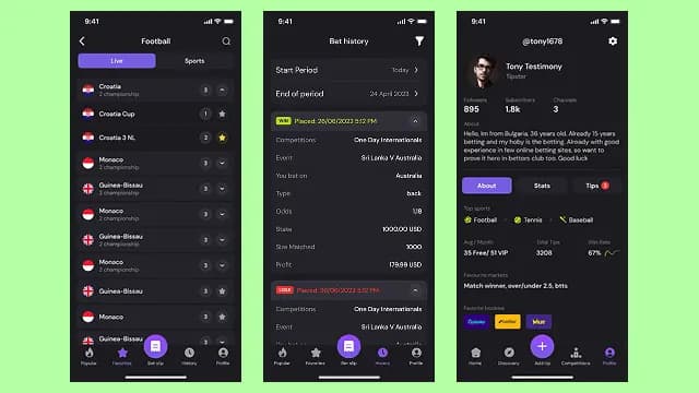mobile app screens showing bet history
