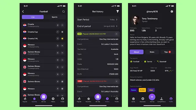 mobile app screens showing bet history
