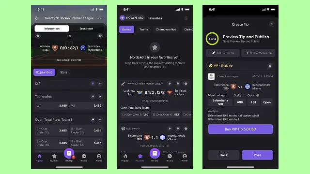 mobile app screens displaying sports betting