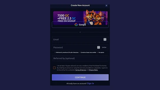 sweepstakes casino app account creation
